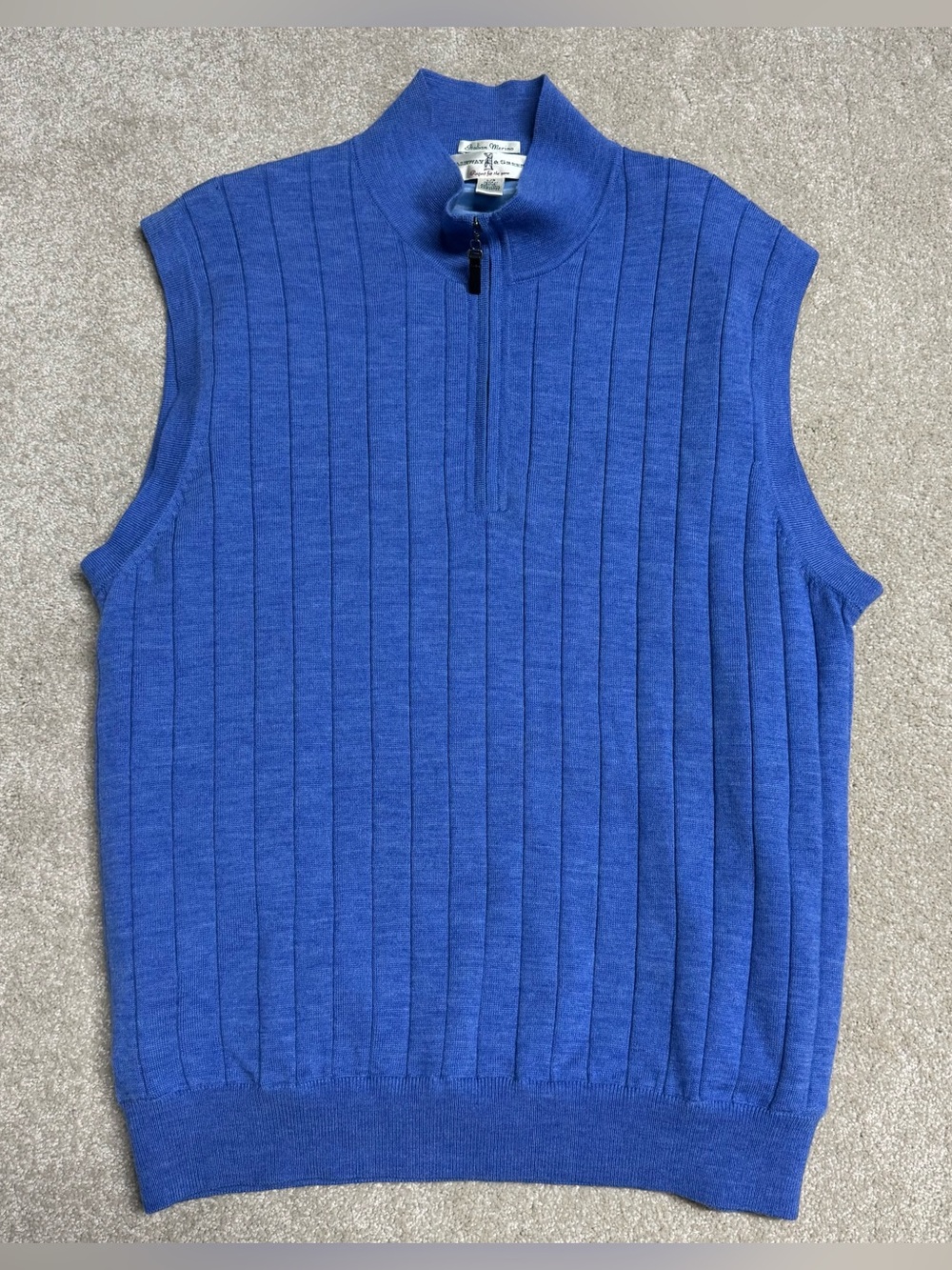 Fairway & Greene Italian Merino Wool Lined Vest Mens Large Blue 1/4 Zip Sweater
